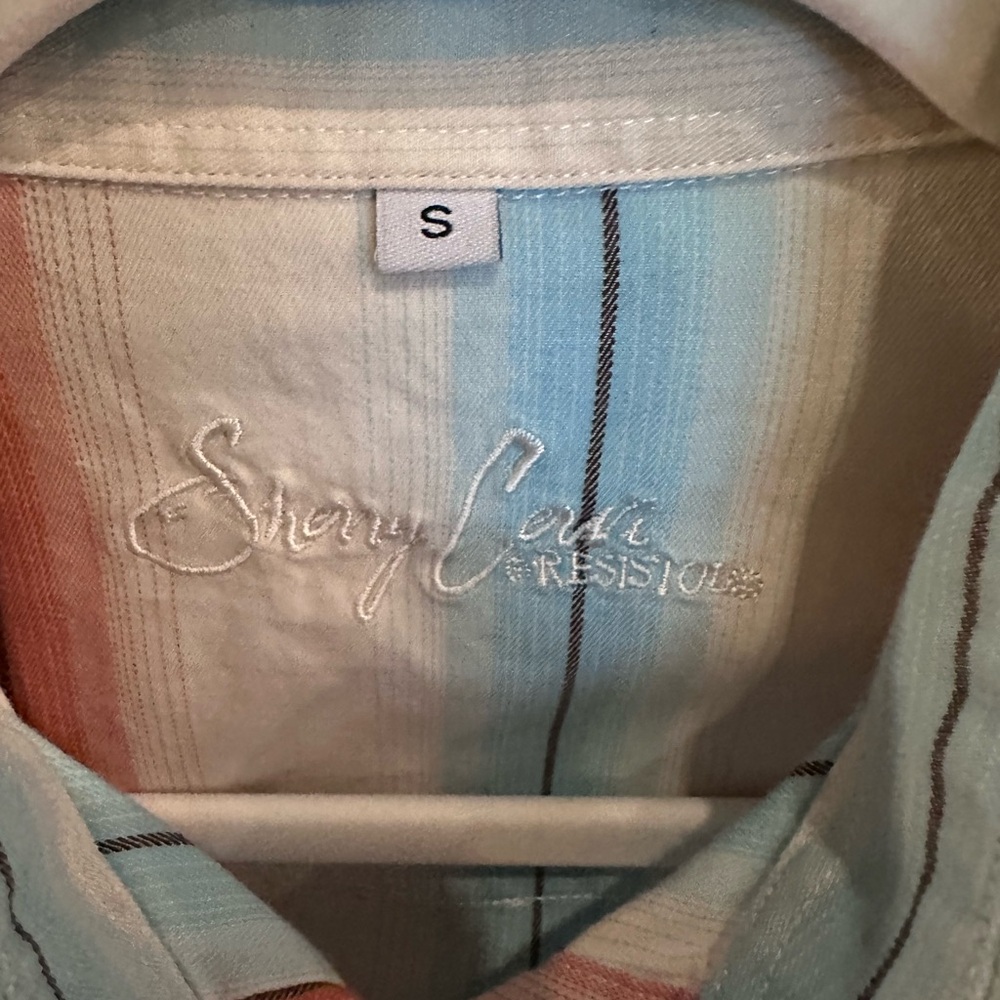Sherry Cervi Women’s Striped Button-Front Shirt in Coral & Sky Blue - Picture 2 of 4